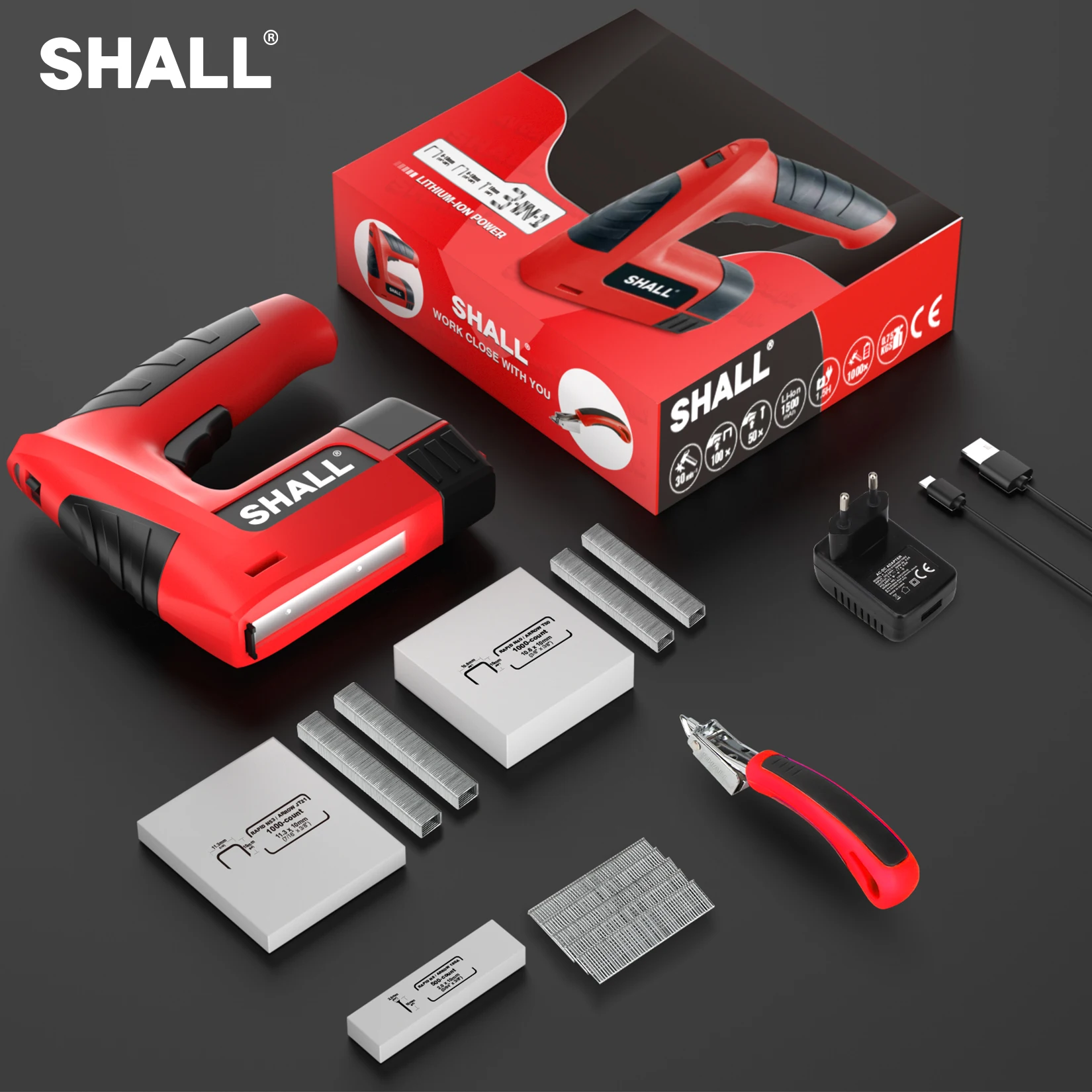 SHALL 4V Cordless Staple Gun 3in1 Rechargeable Brad Nailer Set with 2500 Staples 1.5h fast charging Electric Nail Gun