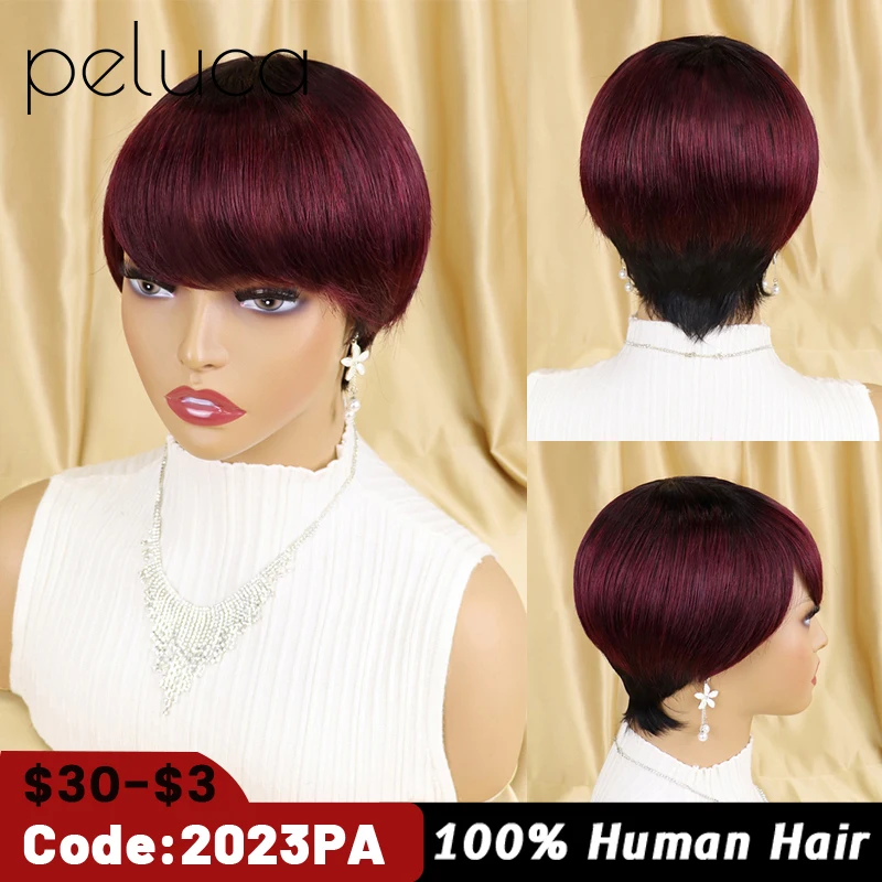 Прямые короткие парики "Пикси" из натуральных черных волос Реми, сделанные на машине из бразильских человеческих волос, с малышкой для женщин.