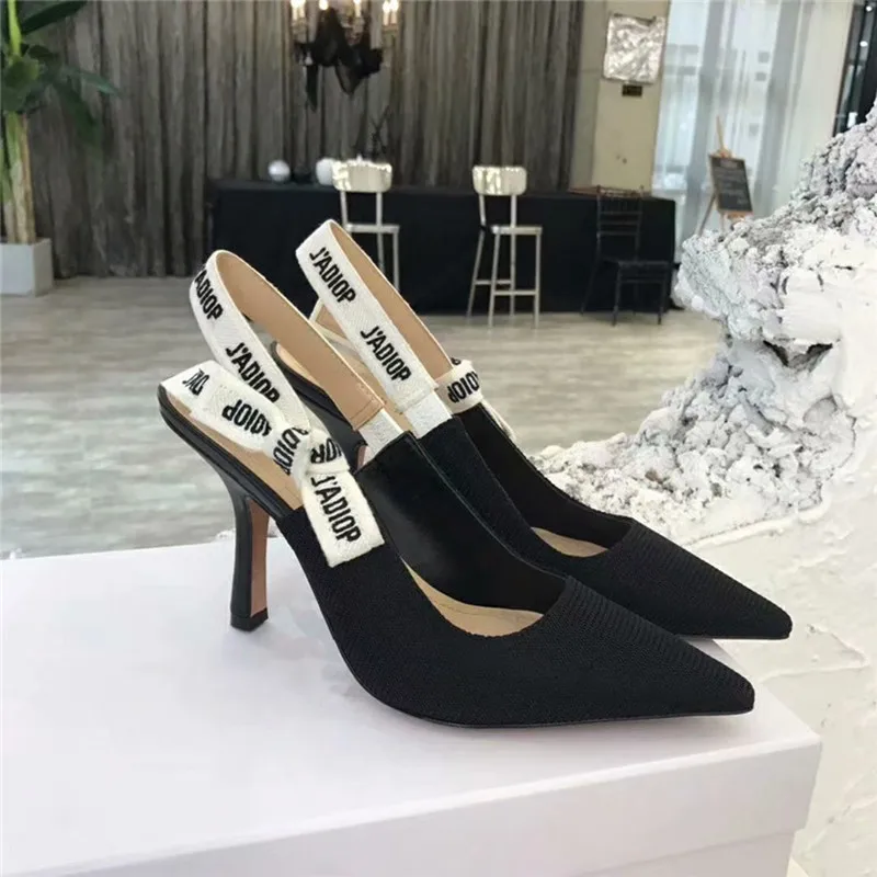 

2021 New bow kitten heel sandals women's alphabet webbing shallow mouth pointed toe back air high-heeled flat shoes 34-41
