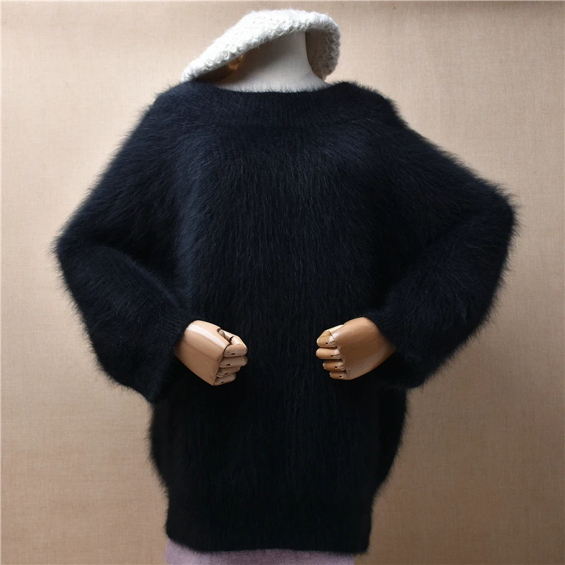 

Female Women Fall Winter Clothing Black Hairy Mink Cashmere Knitted Long Puff Sleeves O-Neck Loose Angora Pullover Sweater Pull