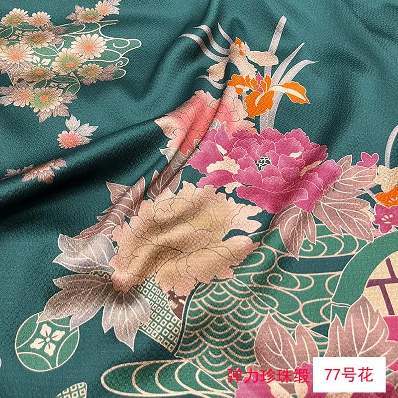 

140cm Wide Chinese style flower Printed green 19momme Stretch Silk Satin Fabric MulberrySilk