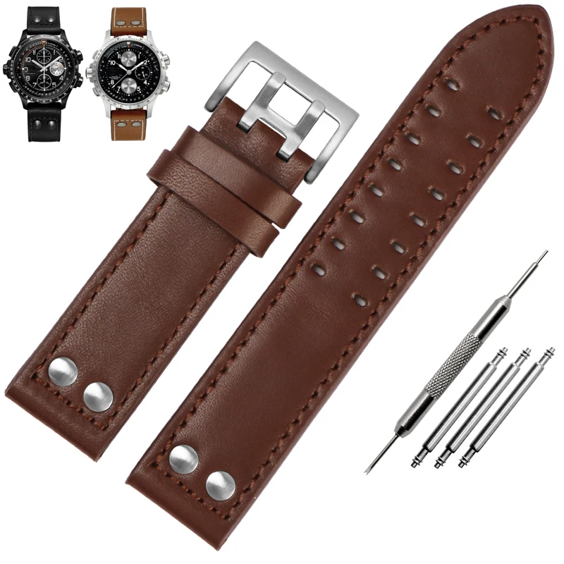 

20mm 22mm Genuine Leather Watchband for Hamilton Khaki Aviation Field Series Men's Watch Band Bracelte with Rivets Strap Brown