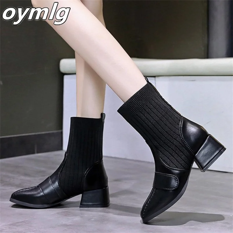 2022 new autumn and winter square head knitted thick heel short boots women's square head thin women's boots trend