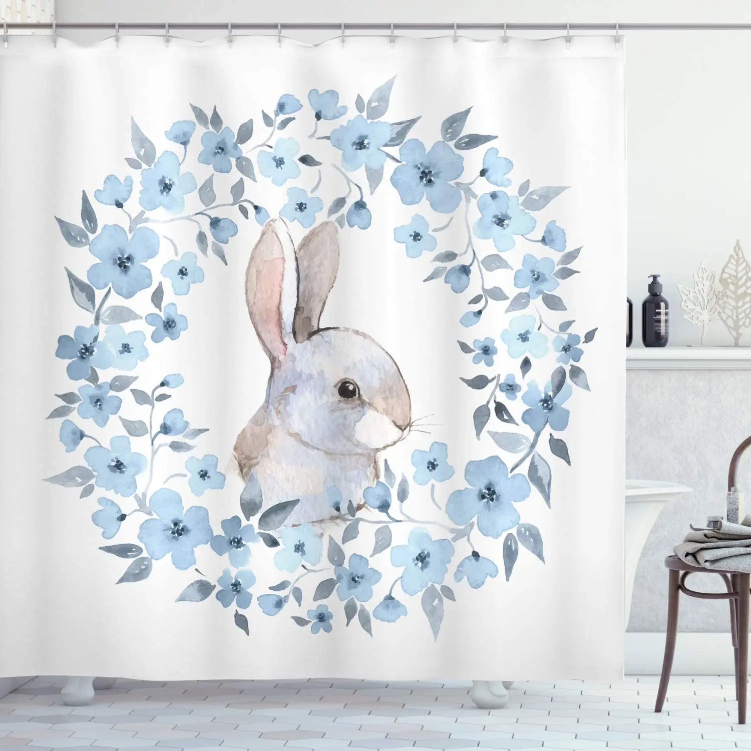 Watercolor Flower Shower Curtain, Bunny Rabbit Portrait in F