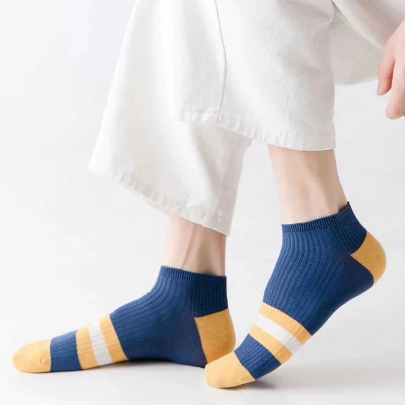 5 Pairs Men Socks Combed Cotton Casual Short Breathable Ankle Socks Absorb Sweat Sports Travel Street Striped Summer Thin Socks