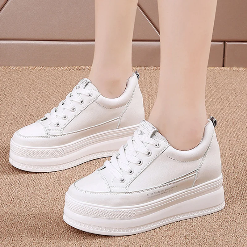Platform 7cm Microfiber Leather Women Casual Shoes 2023 White Wedge Hidden Heel Shoes White Shoes Chunky Sneakers Skateboard