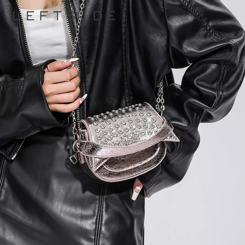 

LEFTSIDE Mini Silver Leather Crossbody Bags for Women Luxury 2023 Y2k Korean Fashion Diamonds Chain Handbags and Purses