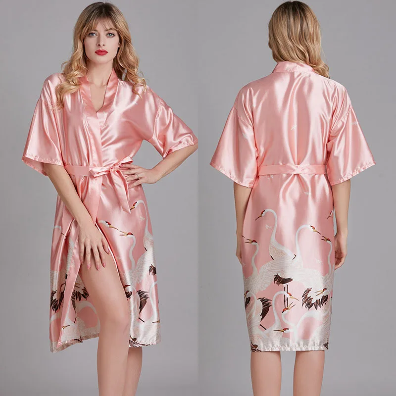Women Satin Silk Sleepwear Swan Printed Short Sleeve Maxi Robe Dress Nightgown Pajamas