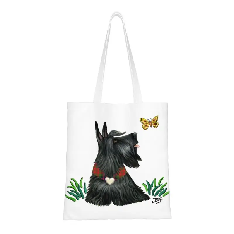 

Scottish Terrier Watching A Butterfly Grocery Shopping Tote Bag Women Custom Scottie Dog Canvas Shoulder Shopper Bags Handbags