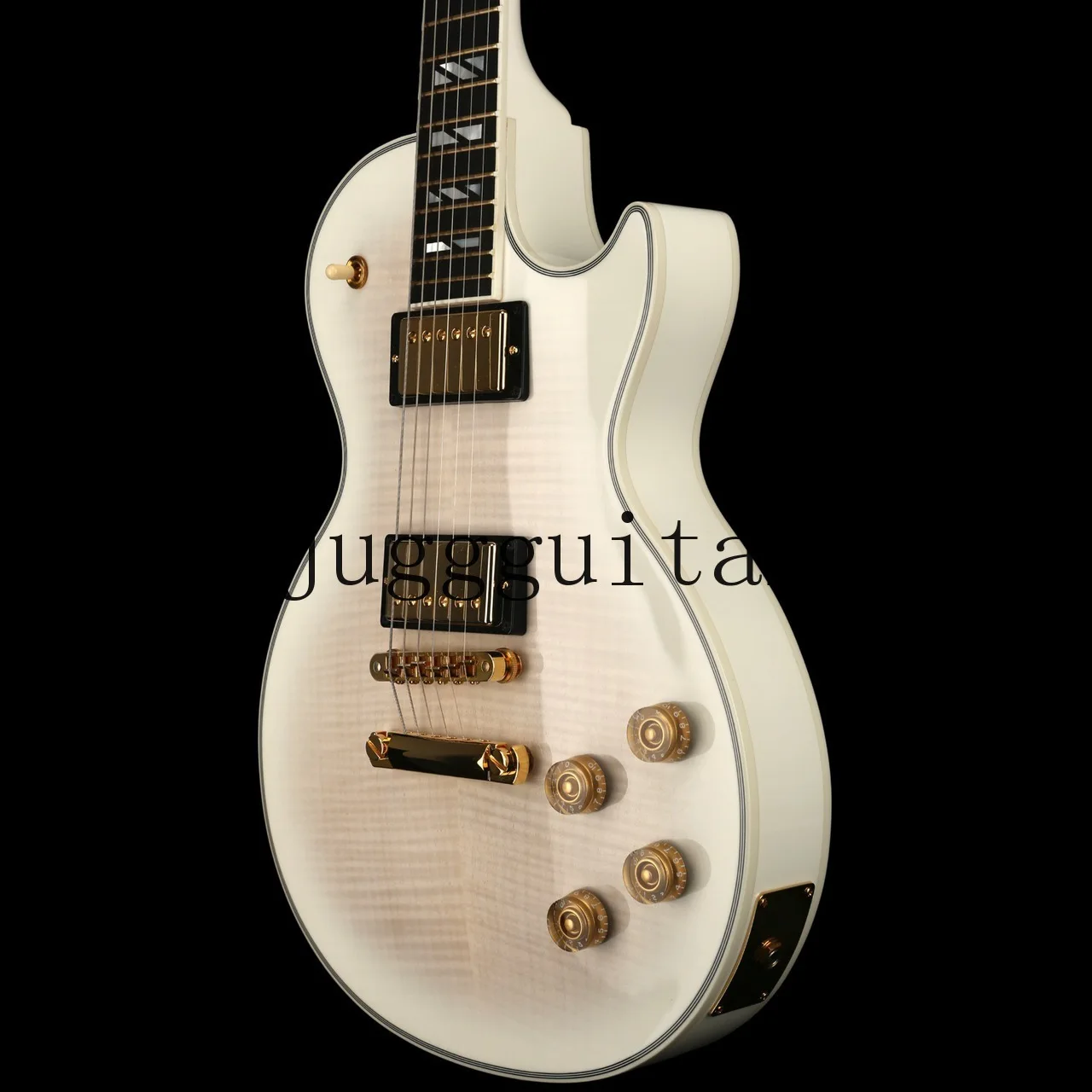 

Custom 1959 VOS White Supre Electric Guitar Tiger Flame Maple Top & Back, Split Block MOP Inlay, Globe Headstock, Gold Hardware