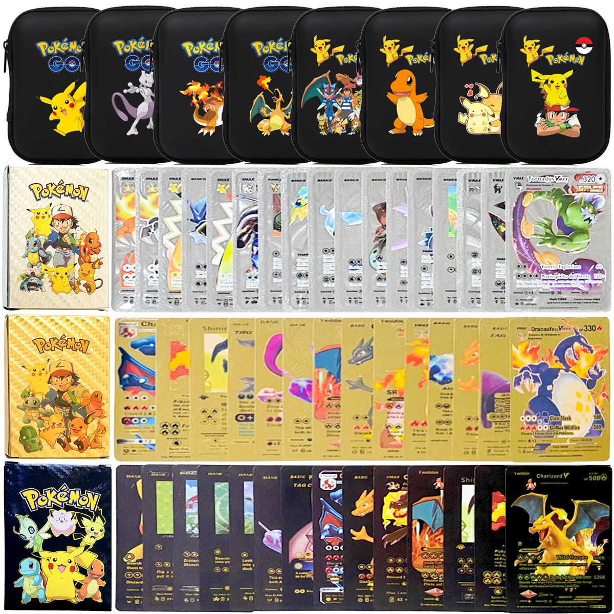 

Pokemon Metal Card Spanish Box Gold Black Golden Letters Silver English Vmax Gx Collection Charizard Pikachu Cards Pack Toy Gift