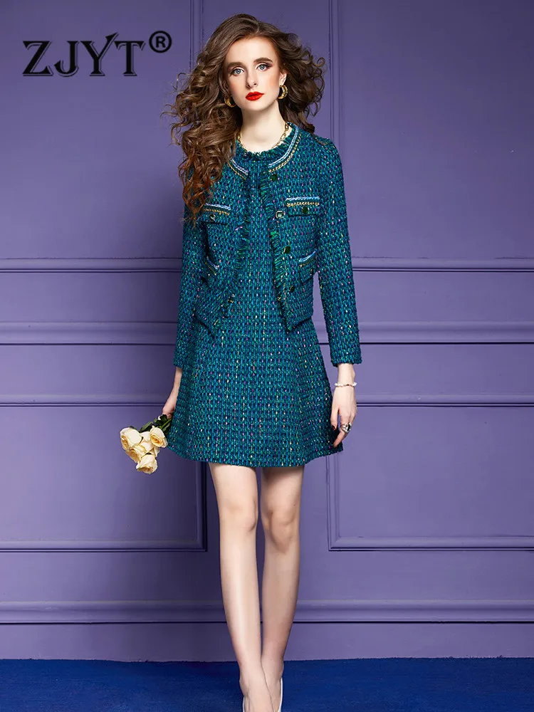 

ZJYT Luxury Designer Autumn Winter Tweed Woolen Jacket and Tank Dress Set 2 Piece Outfits Elegant Woman Clothes Party Vestidos