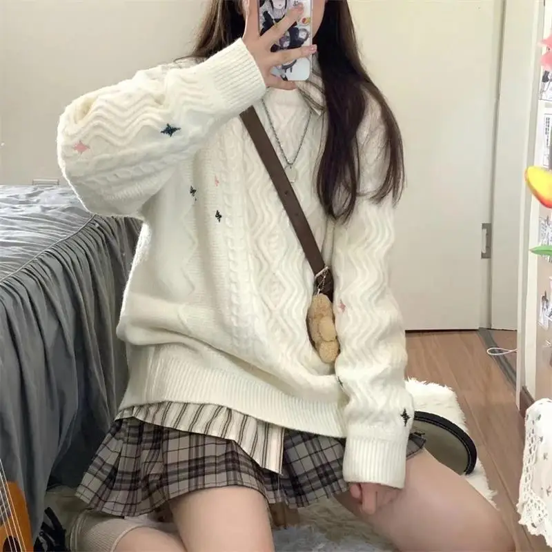 

Женский вязаный свитер со звездами, белый пуловер свободного покроя с длинными рукавами в Корейском стиле, милый свитер, джемперы для зимы