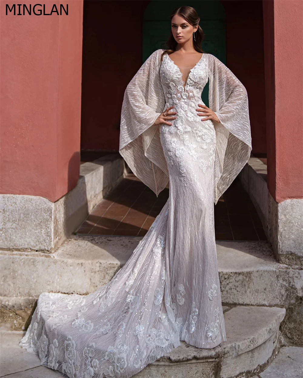 

Женское свадебное платье с юбкой годе MULOONG, элегантное кружевное платье с V-образным вырезом, длинными рукавами, аппликацией и блестками, платье до пола с открытой спиной и шлейфом, новинка 2023
