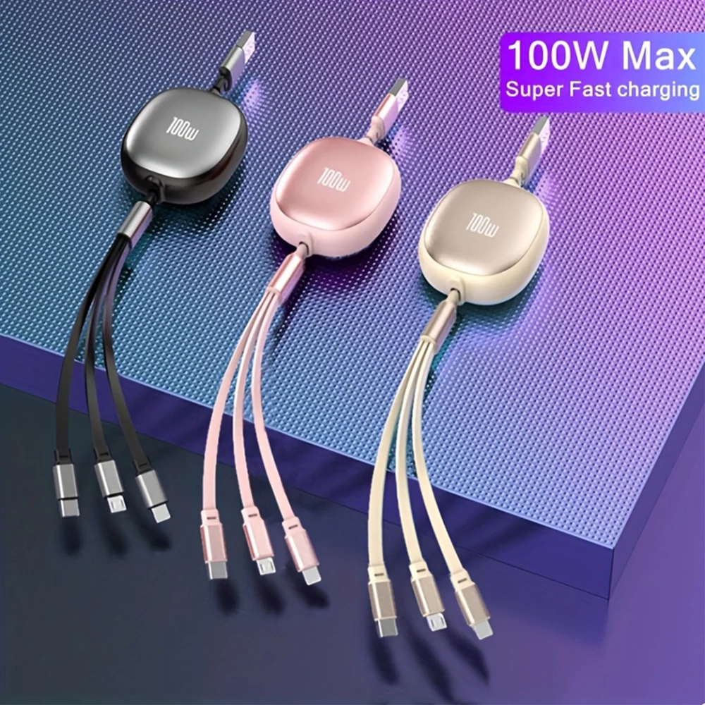 Фото Кабель 3 в 1, 100 Вт, USB на Type-C и Micro, с функцией быстрой зарядки и возможностью скручивания, для iPhone 14, 13, 12, 11 Pro Max, 7, 8, Samsung S24, Xiaomi. №1