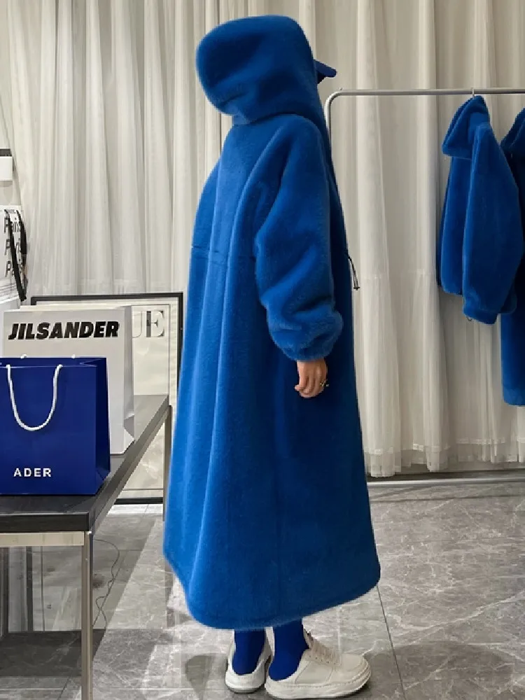 Winter Blue Color Drawstring Waist Warm Hooded Long Faux Fur Coat Casual Long Sleeve Oversized Women Fur Jacket Loose Outwear