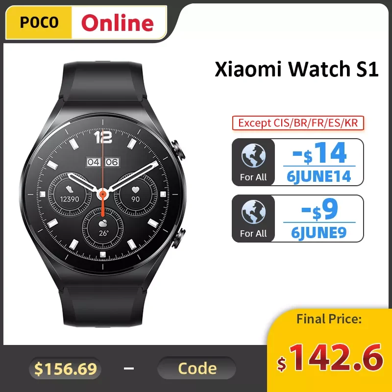 

Xiaomi Watch S1 Global Version Smart Watch 1.43" AMOLED Bluetooth Phone Call Blood Oxygen Wireless Charging 5ATM Waterproof