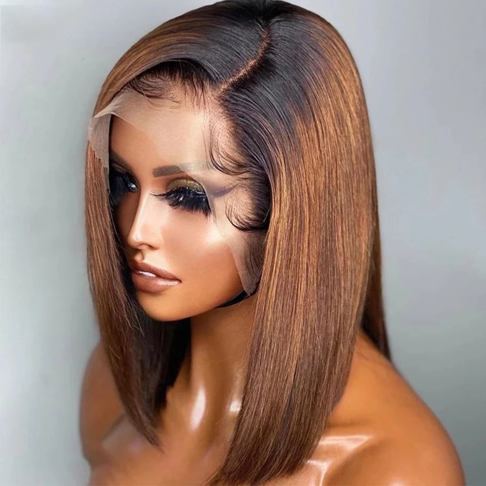 

Preplucked Glueless Soft Ombre Honey Blonde Brown Silky Straight Short Bob Lace Front Wigs For Black Women With Afro Baby Hair
