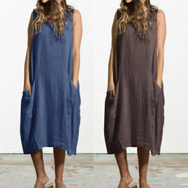

Bohemain Women Dress Sundress Summer Women Pocket Cotton Linen Sleeveless Midi Tank Dress for Ladies Female Beach Dress