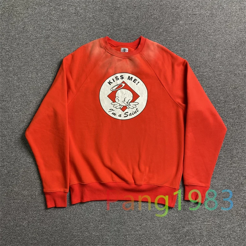 

Мужские и женские свитшоты 2023fw, потертые красные свитшоты Saint Michael KISS ME, высококачественные плюшевые пуловеры в масштабе 1:1, Свободный Повседневный Топ