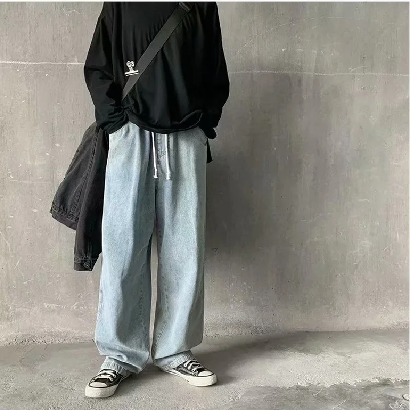 Men's Jeans Summer Solid Color Loose Denim Straight-Leg Pants Men's Casual Lace-up Mid-Waist Jeans Korean Style Wide-Leg Jeans