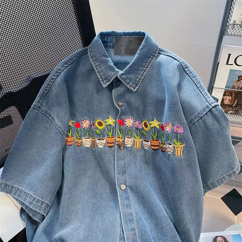 

Potted Flower Embroidery Vintage Blue Denim Shirts Women Short Sleeve Casual Shirts Men Gothic Harajuku Button Up Shirt Summer
