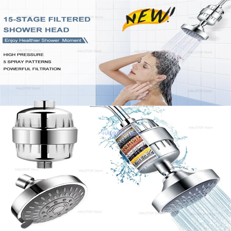 

4 Inch Shower Head & 15 Stage Shower Filter Combo,High Pressure 5 Spray Settings Modes Filtered Showerhead with Filter Cartridge