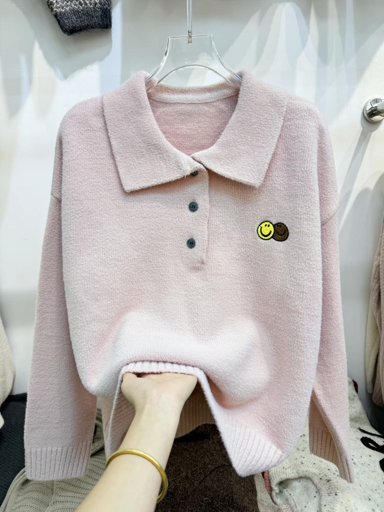 Smiley Embroidered Polo Collar Loose Idle Sle Short Mink Cashmere Sweater Women's Coat Autumn and Winter New Korean Fashion...