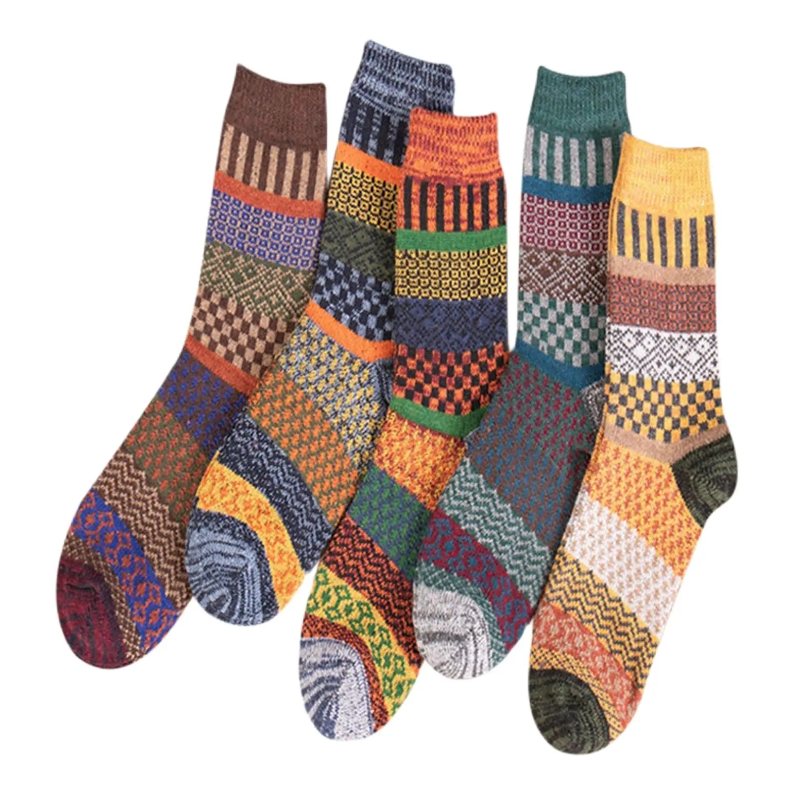 5 Pairs Autumn Winter Nordic Socks Thick Knitted Two-Way Colorful Patten Crew Socks Men Women Retro Colorful Thickened Wool Sock