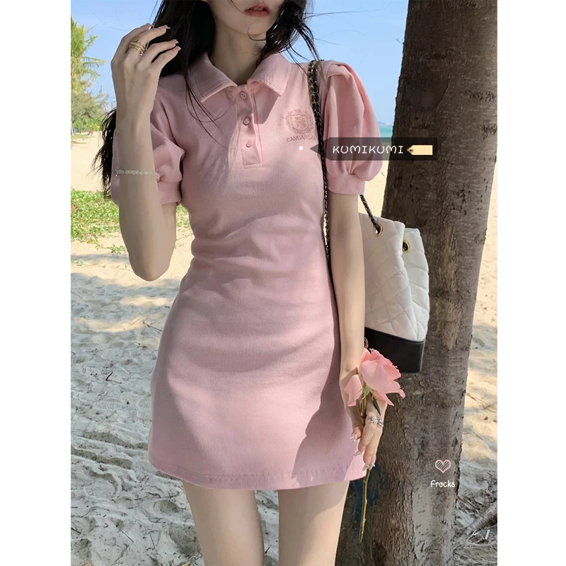 

Sweet and spicy style polo collar pink dress women's waist narrow bubble sleeve T-shirt skirt summer niche short skirt skirt