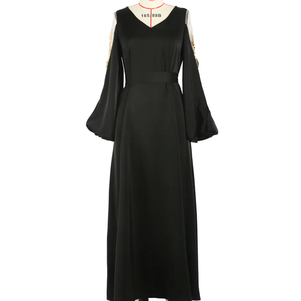 Wepbel Black Long Maxi Dress Arabic Women Muslim Abaya Robe Turkey Kaftan Hollow Embroidered Maxi Dress Belt Islamic Clothing