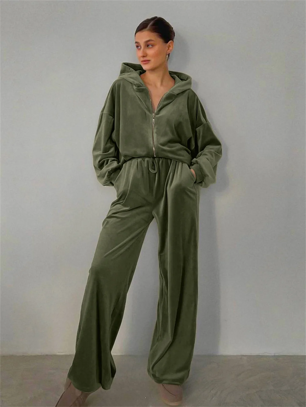 Женские бархатные толстовки на молнии и широкие брюки комплект из 2 предметов