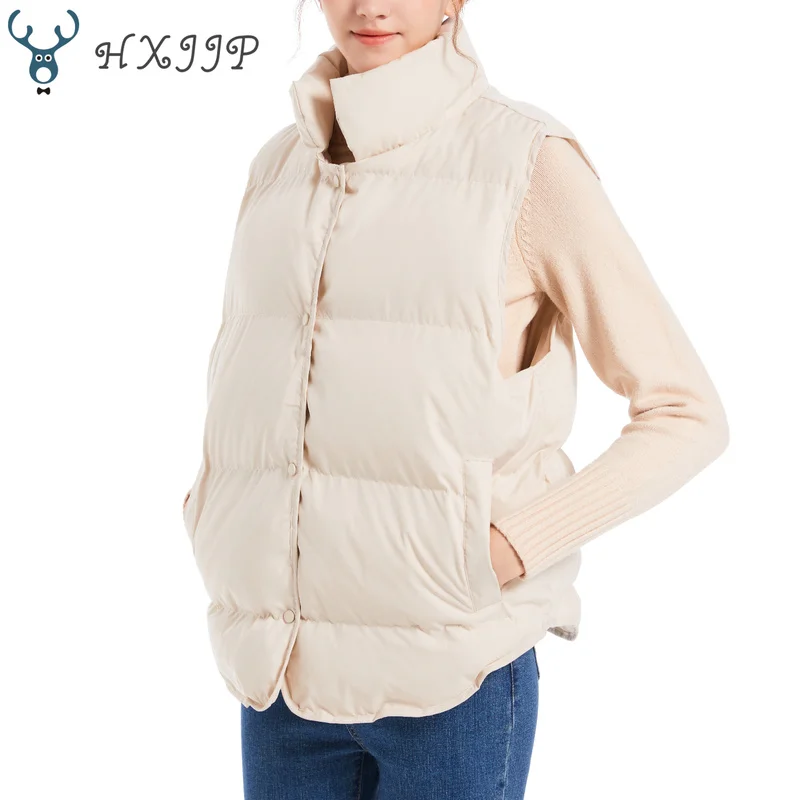 

HXJJP Down Cotton Sleeveless Jackets Women Short Puffer Inflatable Vest Autumn Winter Loose Outerwear Bread Waistcoat 709