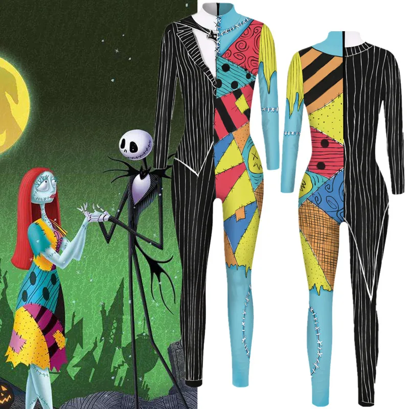 The Nightmare Before Christmas Jack Sally Cosplay Costume Zentai Outfits Uniform Jumpsuit Bodysuit Catsuit Adult Kids Halloween