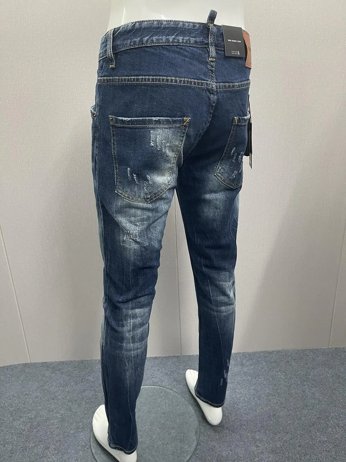 2023 New  Jeans Fashionable Slim Fit with Hole Patches, Painted Ink Breaking Small Feet Spliced Denim Pants for Men