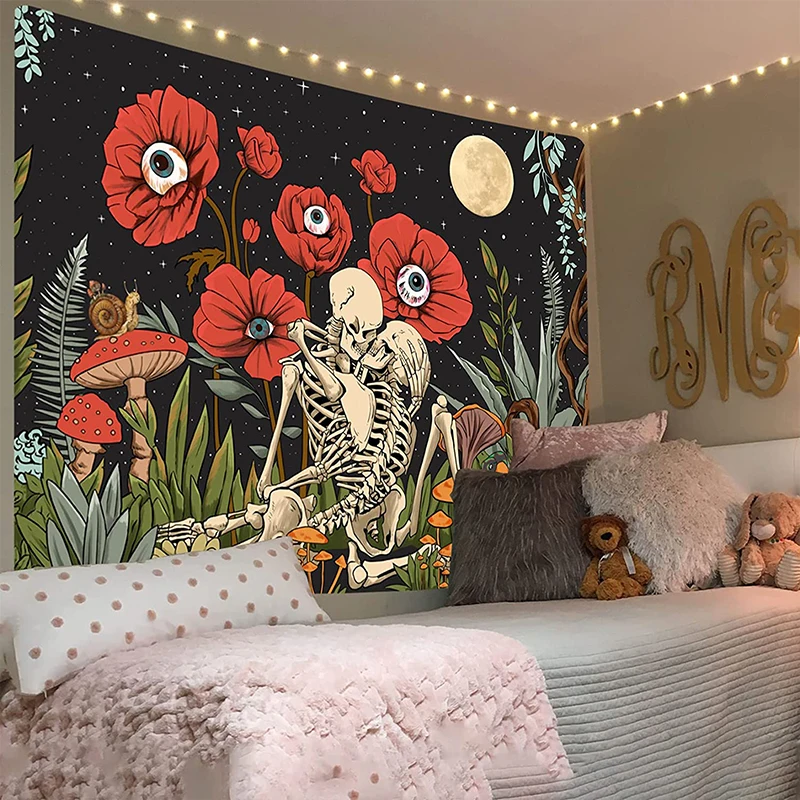 

Skull Floral Tapestry Moon Garden The Kissing Lover Skeleton Flower Mushroom Vintage Plant Wall Hanging for Bedroom Living Room