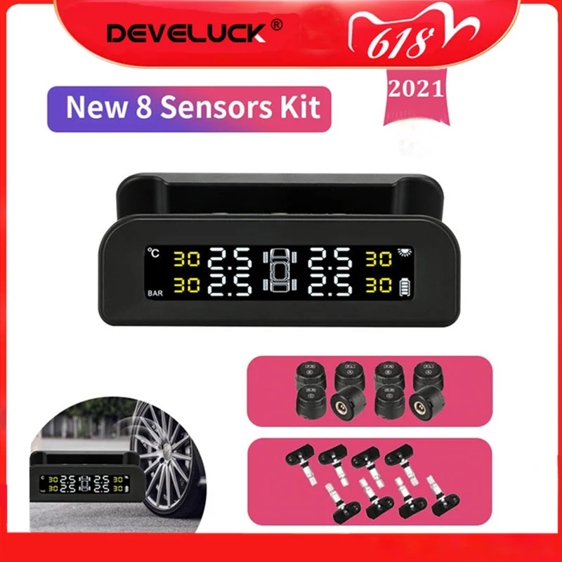 

2023 14 inch monitor 8 Sensors TPMS Kit Solor power Wireless HD Solar Charge Universal Car Tire Pressure Alarm System Display