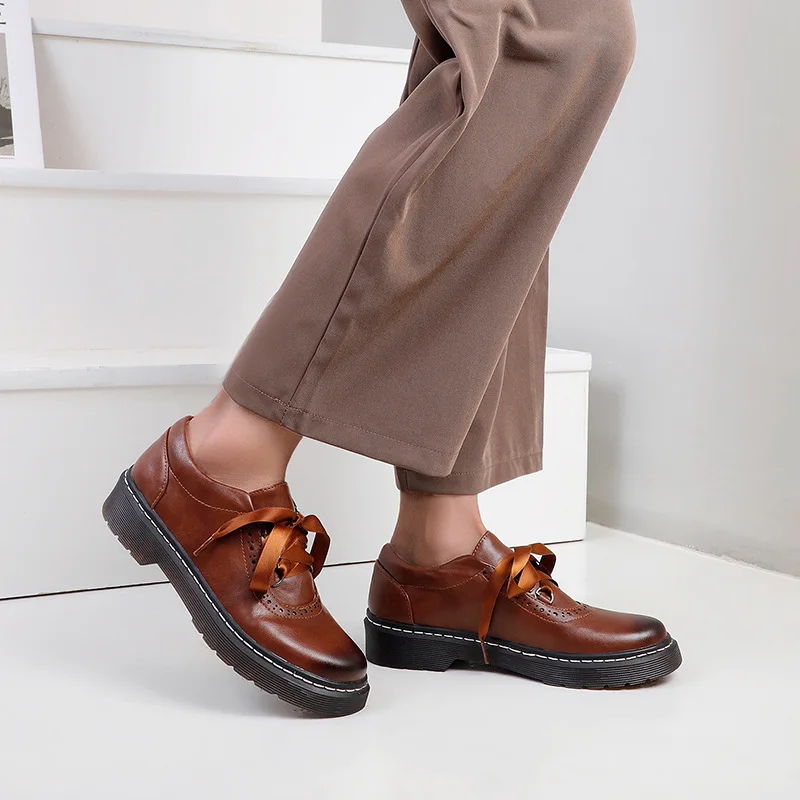 

CEVABULE 2022 New Lace-up Leather Shoes Spring Casual Shallow Mouth Women's Shoes Round Toe Flat Women's Single Shoes TYX