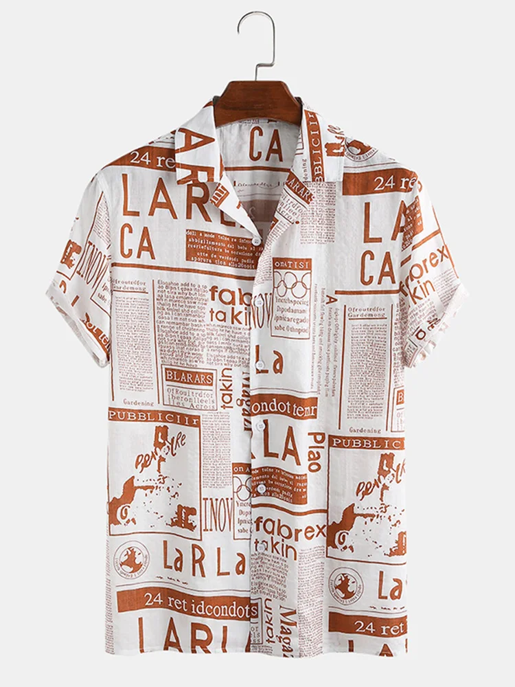 CharmkpR New Men 65% Cotton Fun Newspaper Printing Casual Streetwear Male Hot Sale Holiday Comfortable Short Sleeve Shirts M-3XL