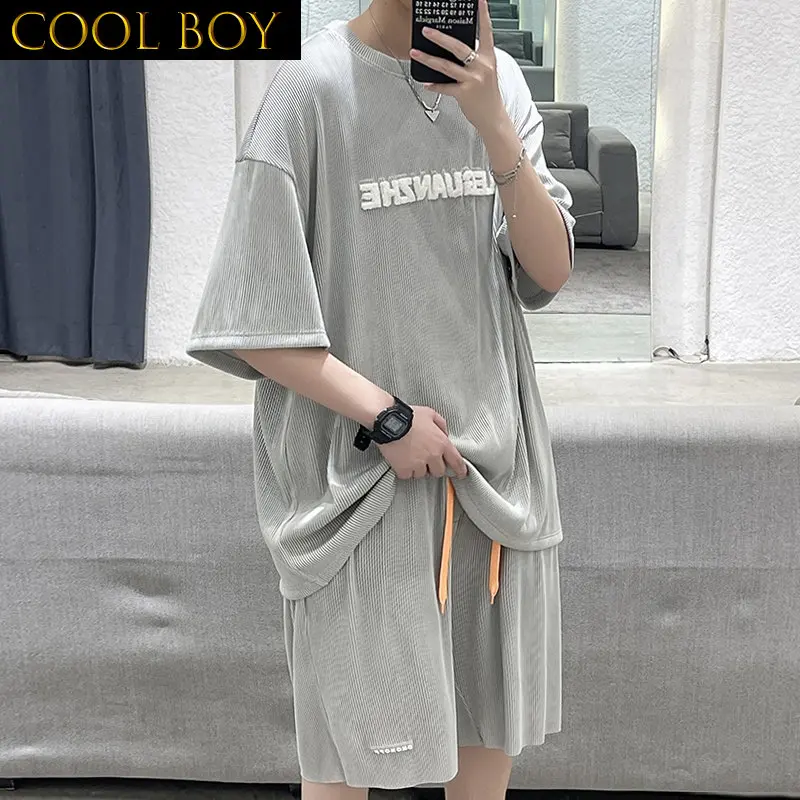 

J GIRLS Plus Size 5XL-M Summer Loose Casual Men's Sets Simple Short Sleeve Striped T Shirts + Shorts Men 2022 Black/Gray Sale