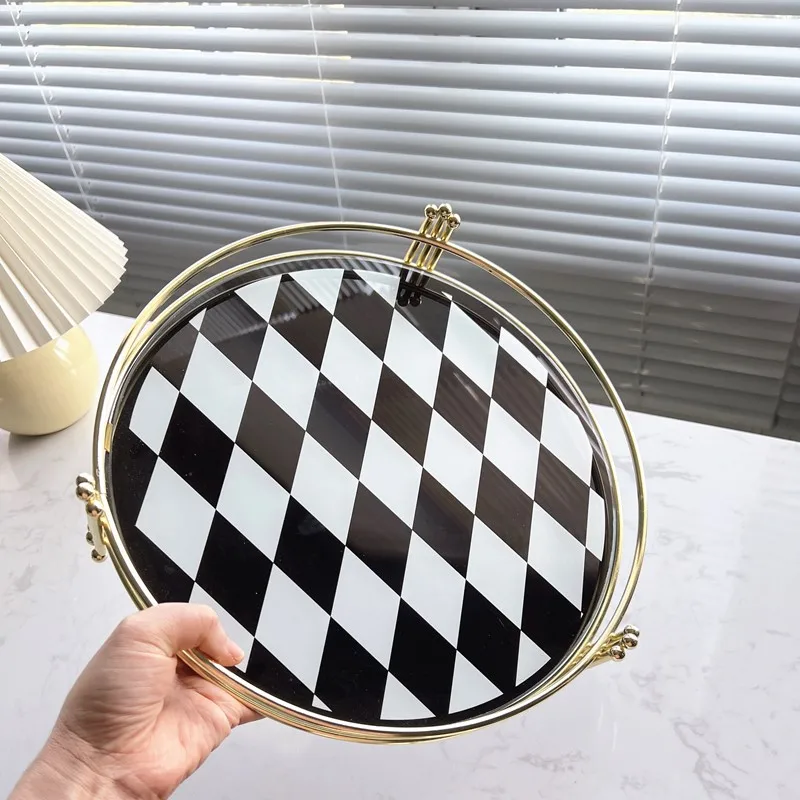 

Medieval Black and White Checkerboard Lattice Rhombus Tempered Glass Tray Dessert Storage Tray Aromatherapy Decorative Tray