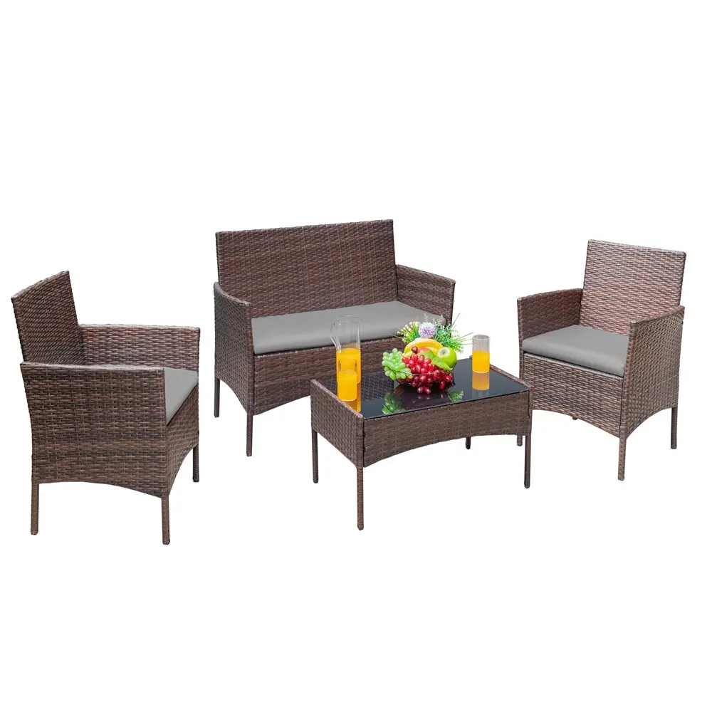 

POPTOP 4 Pieces Outdoor Patio Sets Conversation Sets Rattan Chair Wicker Sets with Cushioned Tempered Glass