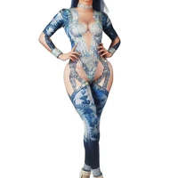 fashion female shining rhinestones blue jumpsuits pole dance perform stage costume party club nightclub clothing