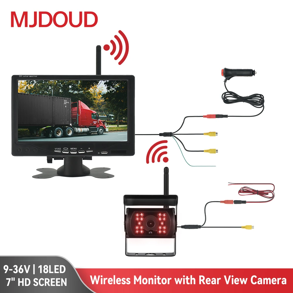 

MJDOUD Car Wireless Monitor with Rear View Camera for Trailer Parking Waterproof Reversing Camera 7" HD Screen for Truck RV 24V