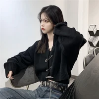 womens spring fall 2021 new korean loose pin cardigan black short knit sweater female sexy long sleeve solid seweater cardigan