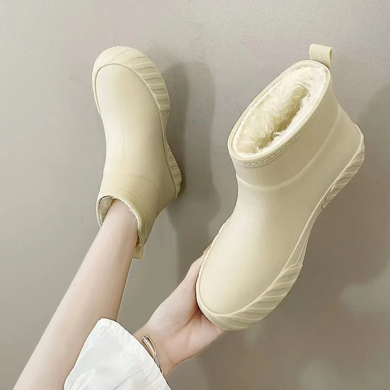 

Chunky Rain Boots for Women Autumn Winter Waterproof Shoes Girls Mid Calf Rainboots Woman Plush Rain Shoes Fur Lined Galoshes