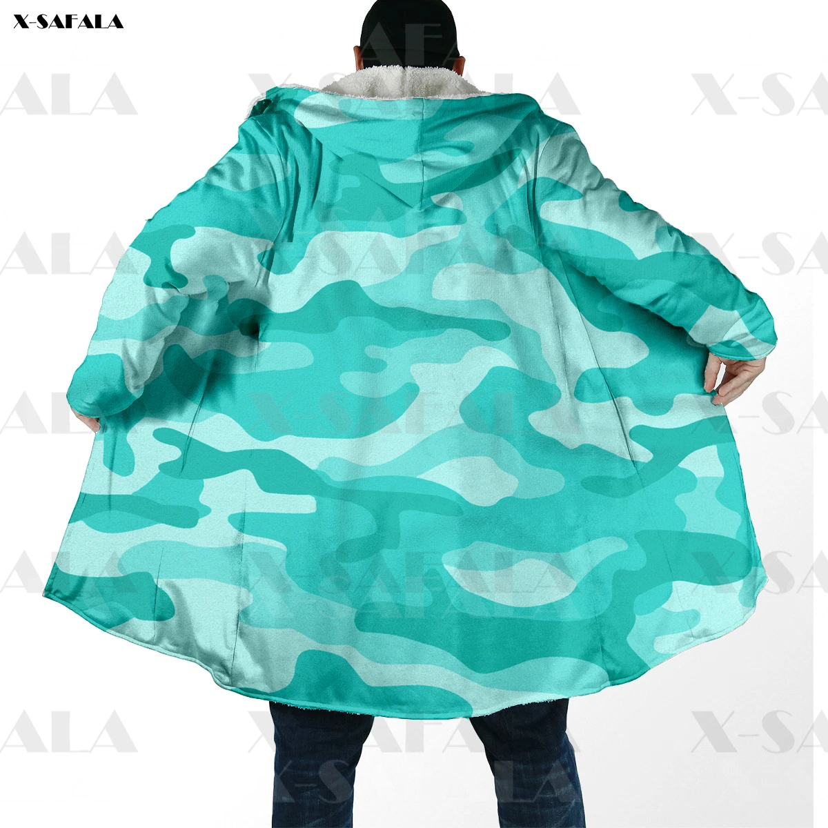 

Aqua Camo Thicker Warm Hooded Cloak Female Man Samurai Tattoo Overcoat Coat Windproof Fleece Cape Robe Hooded Blanket
