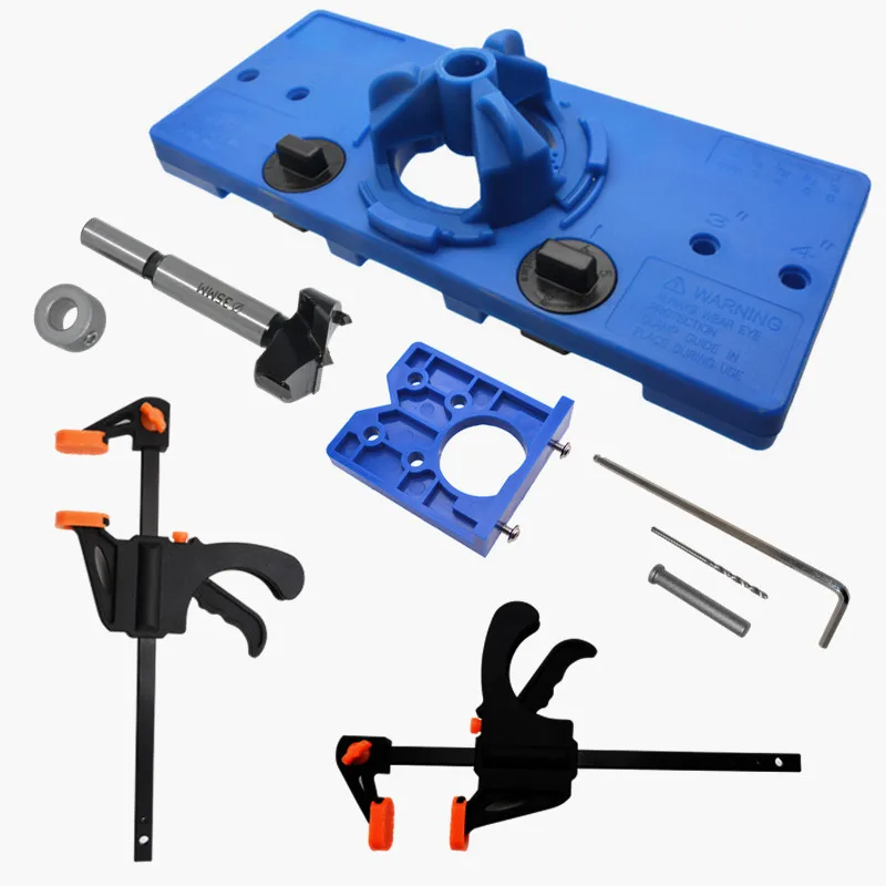 

35mm Hinge Jig Boring Hole Drill Guide Locator Wood Cutter Carpenter Woodworking Tools with 2 F clips and a keyhole locator