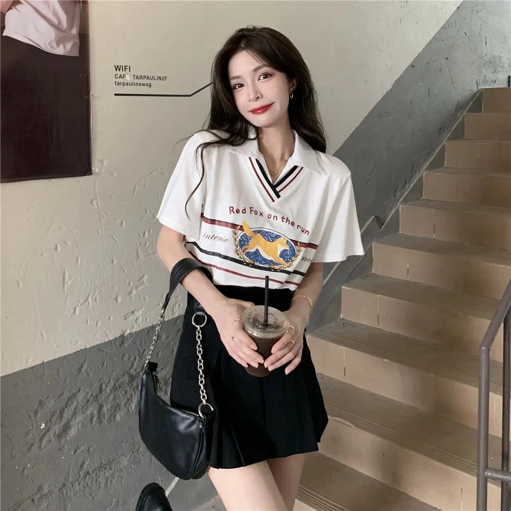 

Design Polo Short Sleeve T-Shirt Ladies Casual Fox Pattern Summer Women's Sweetshirt Aesthetic Clothes Loose Preppy Style