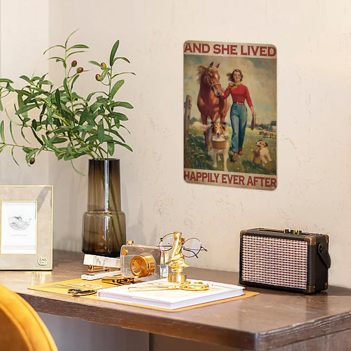 Металлическая Оловянная фотография SORECI-винтажная девушка с лошадью и собакой